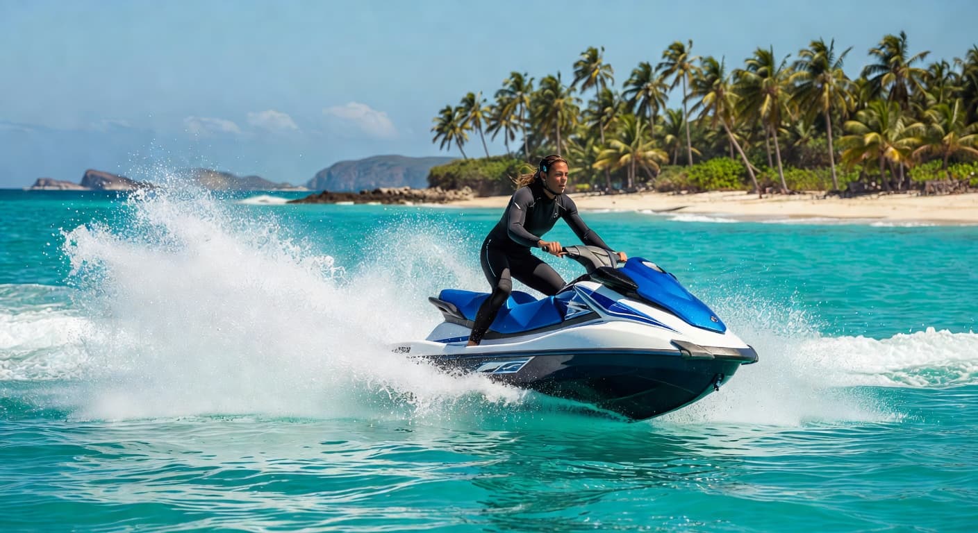 Jet ski cutting through turquoise Caribbean water in Grenada