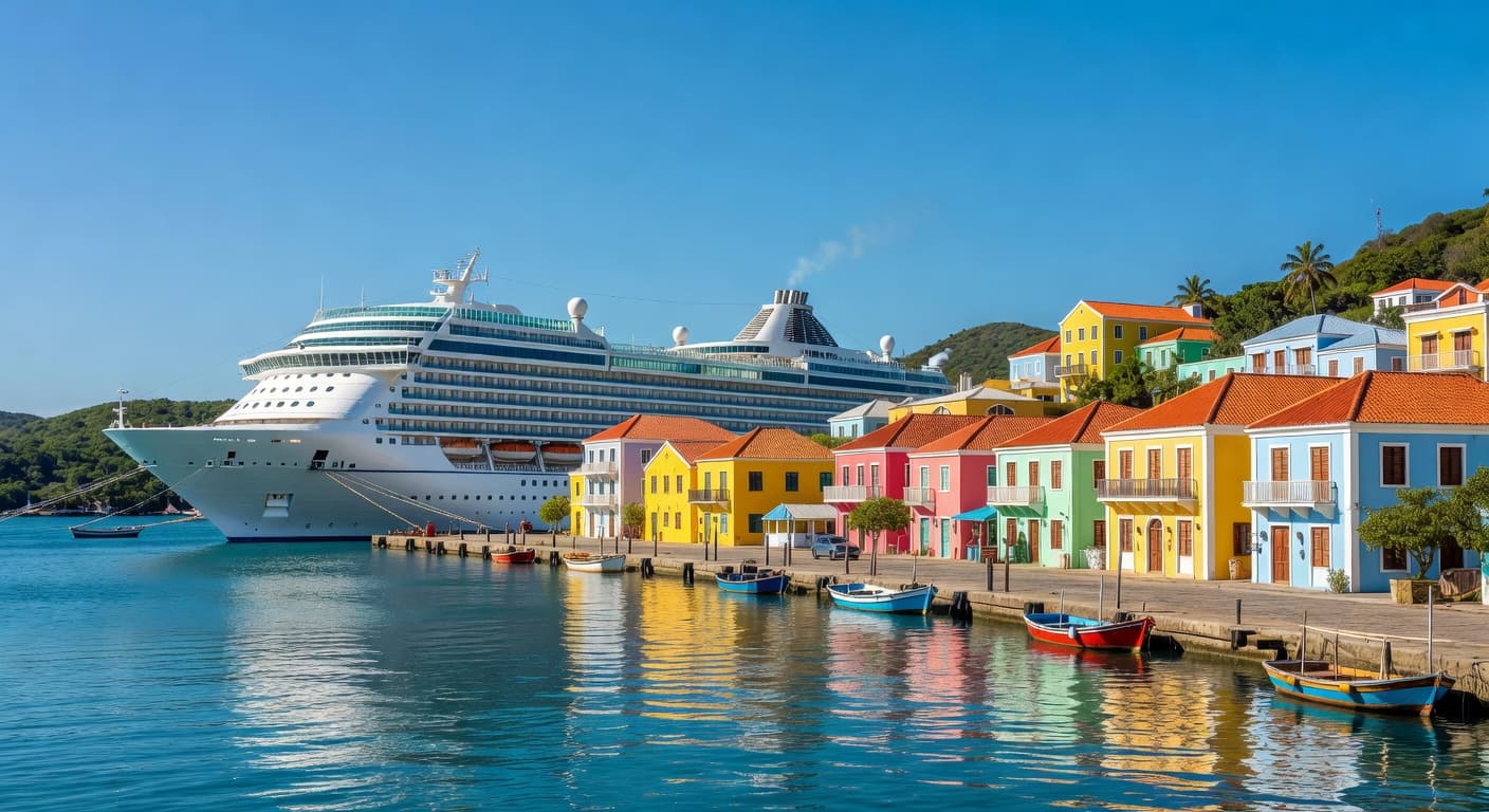 Cruise ship in St. George's harbor with Jeep in foreground