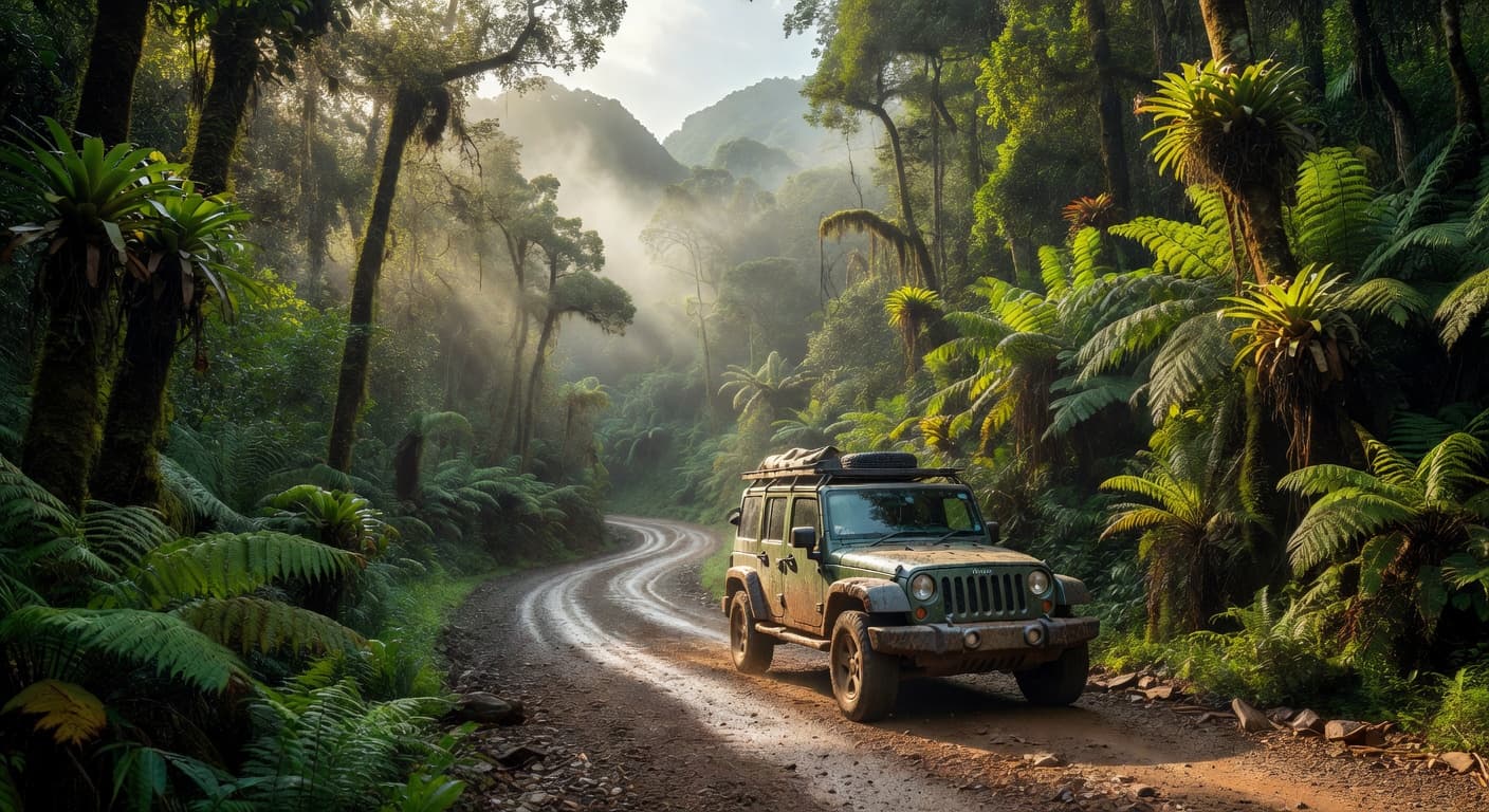 Jeep Wrangler on a lush mountain road in Grenada