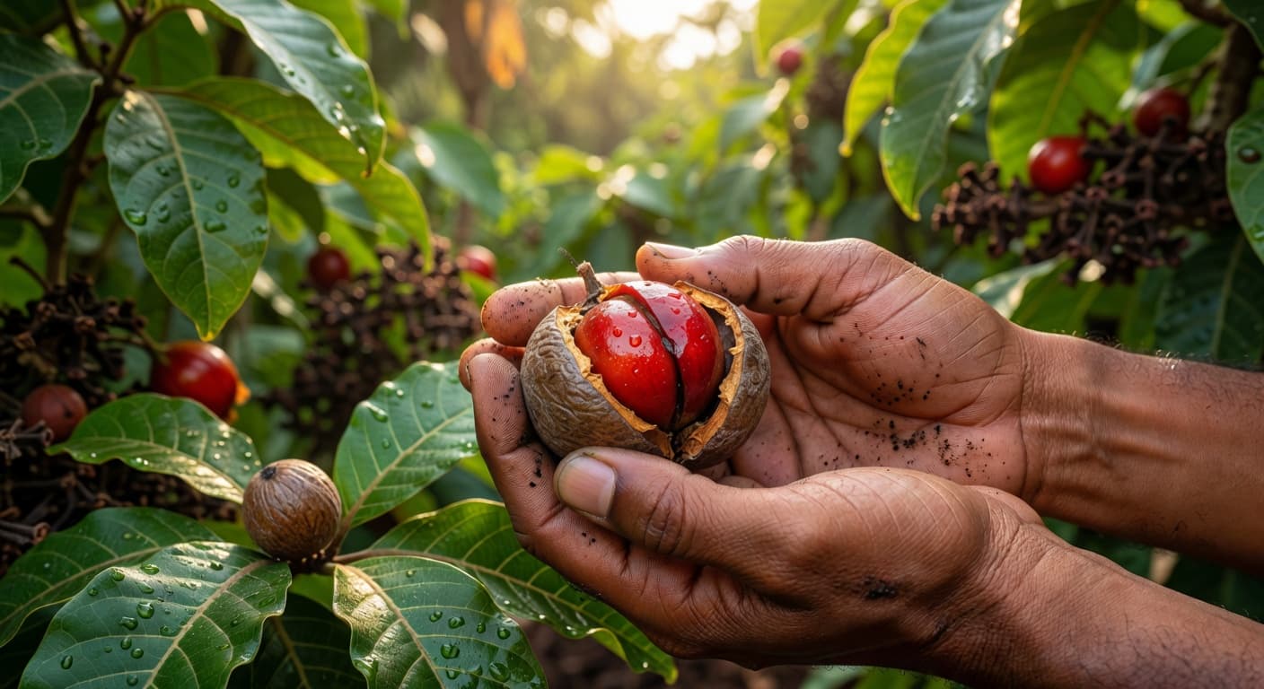 Hands holding fresh nutmeg at a Grenadian spice plantation