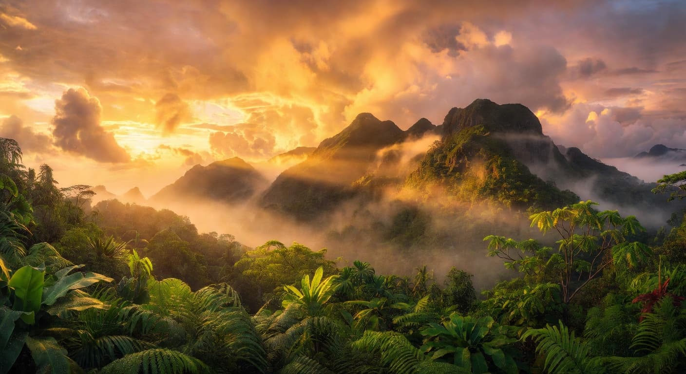 Golden sunrise over Grenada mountains from a Jeep viewpoint