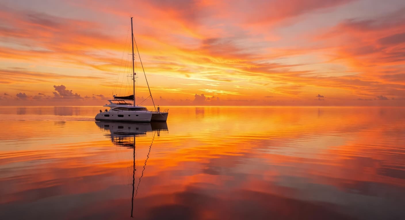 Boat silhouette against vibrant sunset on the Caribbean sea