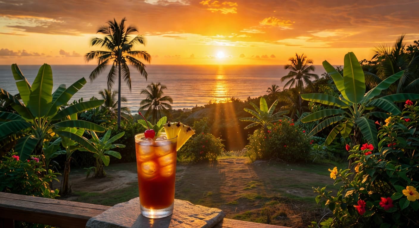 Sunset over Caribbean sea from a hilltop in Grenada