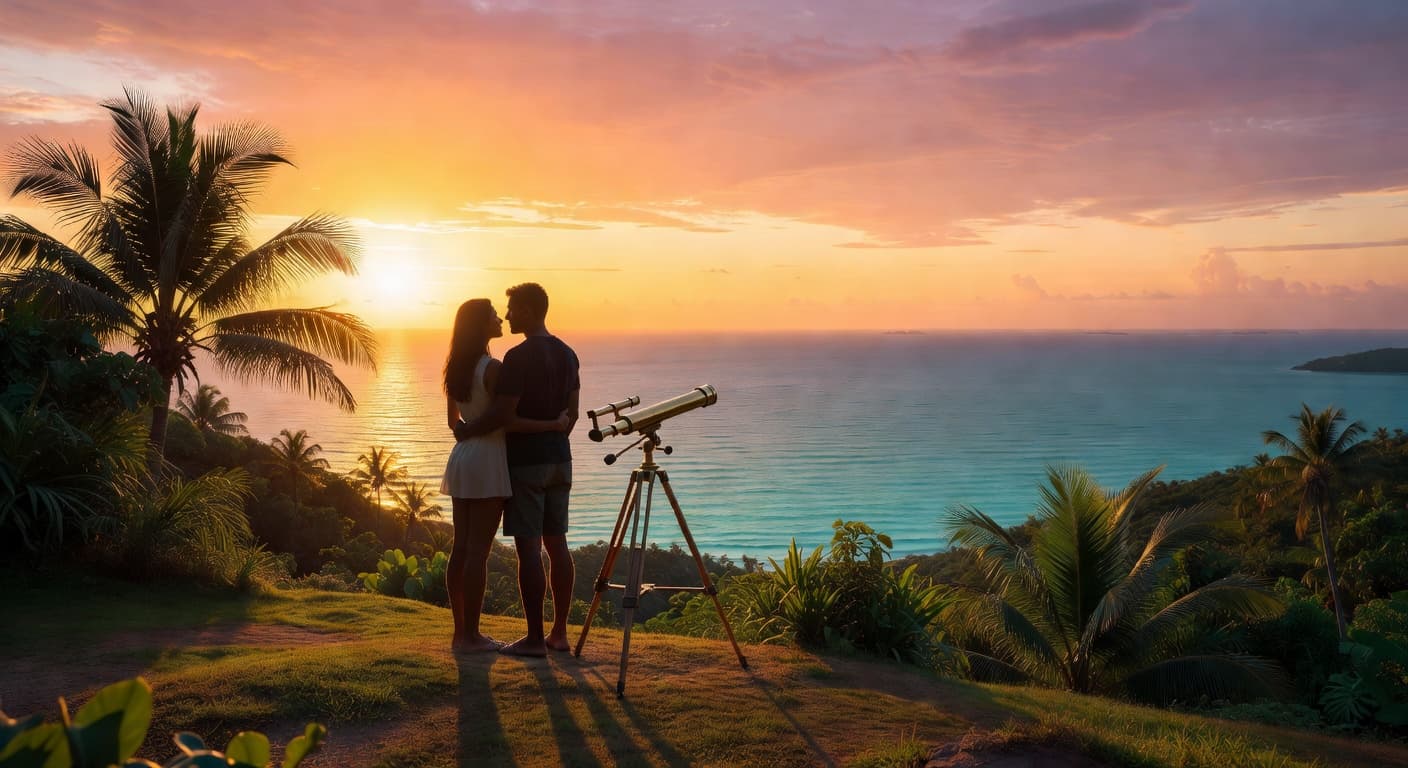 Couple watching sunset over ocean before stargazing in Grenada