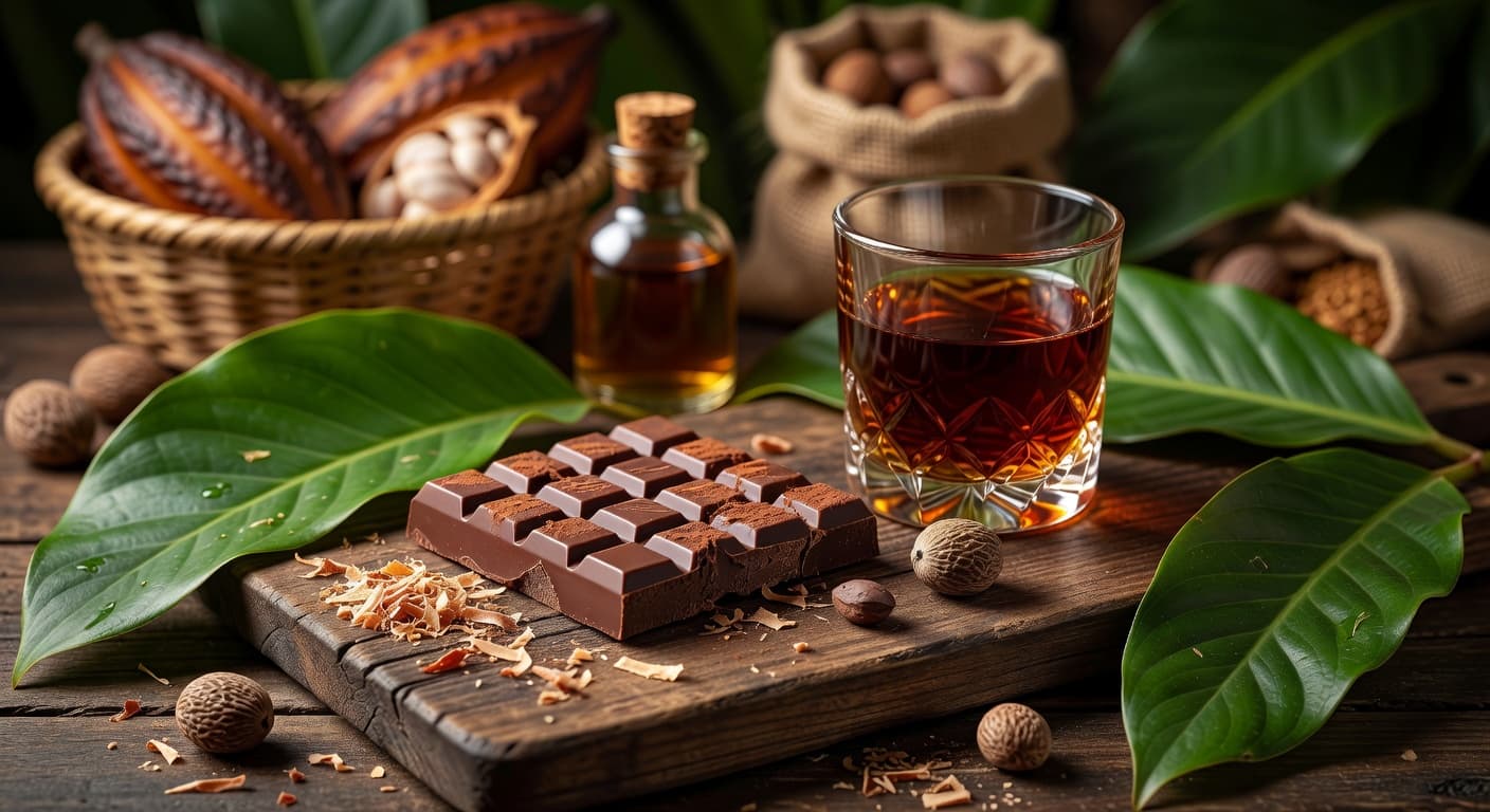 Chocolate, rum, and nutmeg arrangement representing Grenada
