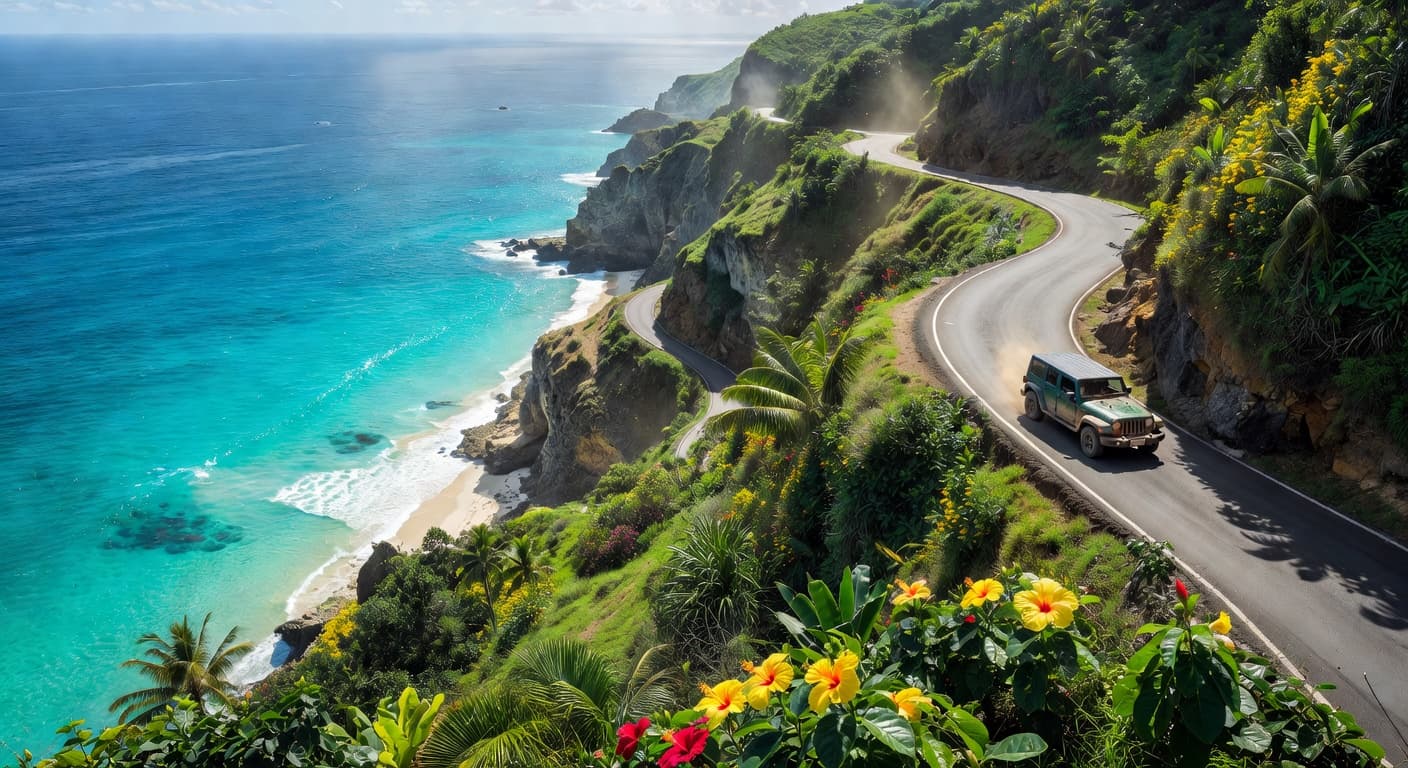 Aerial view of Grenada coastline with Jeep on winding road