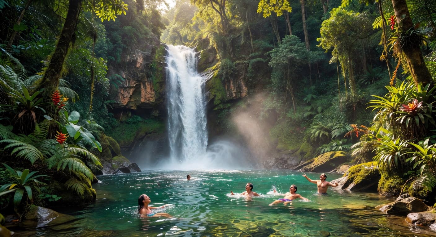 Cascading waterfall surrounded by tropical vegetation in Grenada